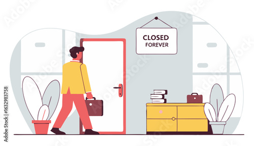 A man holding a briefcase, walking towards a closed door with a "CLOSED FOREVER" sign on it. The scene represents business failure, company closure, or job loss.