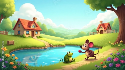 A cheerful mouse offers a berry to a frog by a pond.