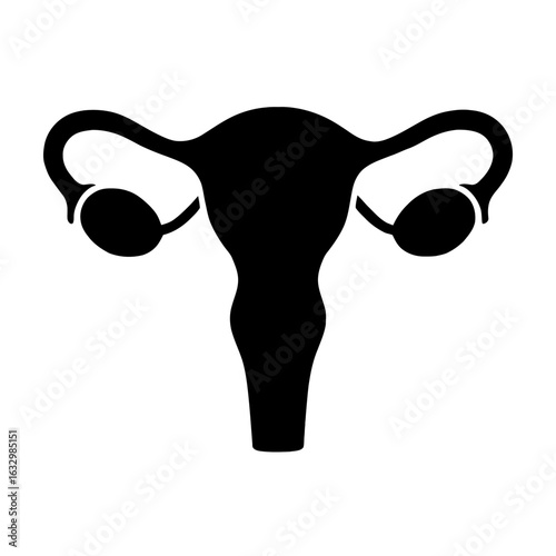 A black silhouette icon representing the female human uterus with fallopian tubes and ovaries, symbolizing the reproductive system.