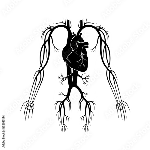 An artistic black silhouette depicting the central human heart with branching blood vessels forming a stylized circulatory system.