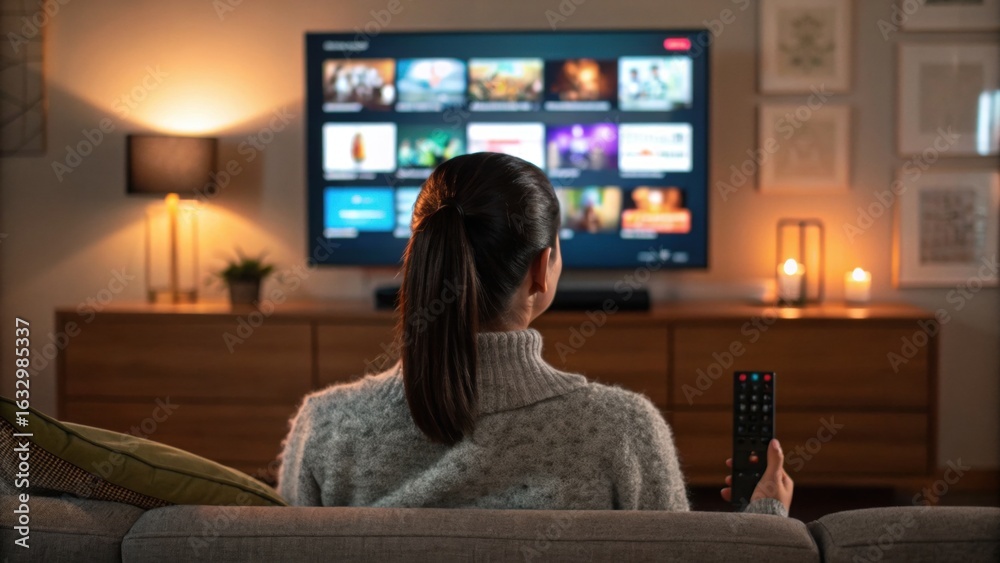 Fototapeta premium Woman sitting on a couch holding a remote control, watching a modern television screen with streaming apps in a cozy living room at night