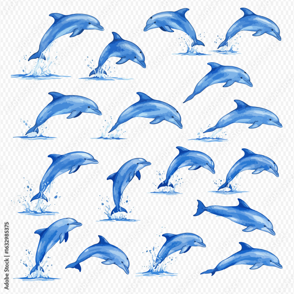 Naklejka premium A collection of illustrated blue dolphins in various dynamic jumping and splashing poses.