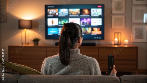 Woman sitting on a couch holding a remote control, watching a modern television screen with streaming apps in a cozy living room at night