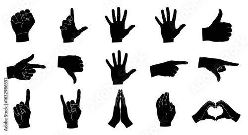 Diverse hand gesture collection showcasing communication and expression on white background