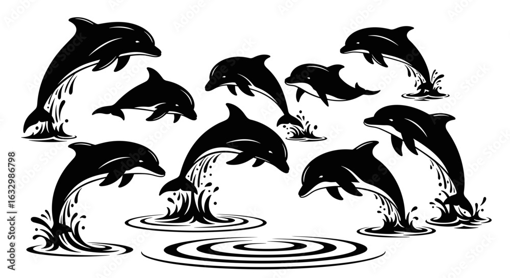 Naklejka premium Playful dolphins leaping joyfully from water, a monochrome aquatic illustration