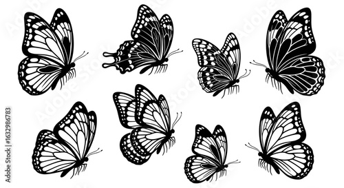 Elegant butterfly silhouettes in varied perspectives against a clean white backdrop