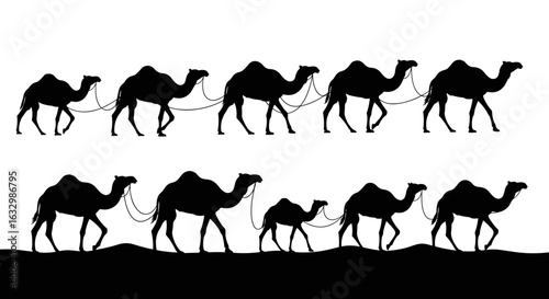 Camel caravan silhouette crossing desert landscape, simple and minimalist design