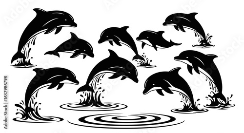 Playful dolphins leaping joyfully from water, a monochrome aquatic illustration