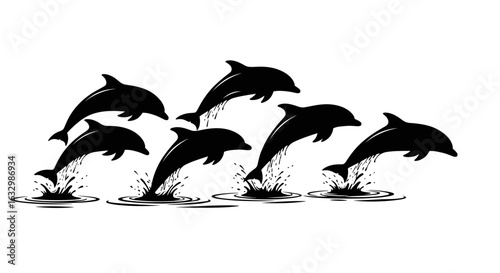 Dolphins leaping joyfully from water: A captivating monochrome marine illustration