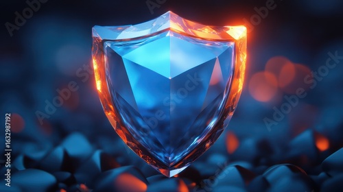 Luminous crystalline shield symbolising security and protection, modern technology