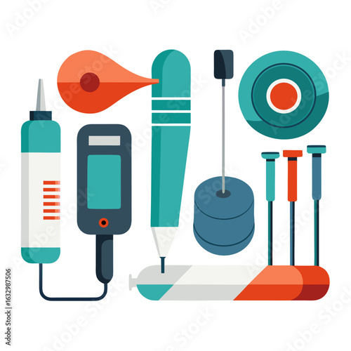 Minimalist Physiotherapy Tools Vector — Ultrasound Device, Hot/Cold Packs, Kinesiology Tape Rolls on White Background