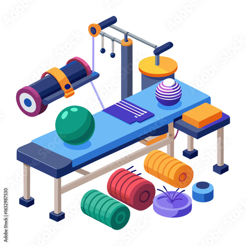Physiotherapy Equipment Vector Set — Treatment Table, Therapy Balls, Foam Rollers, Resistance Bands on White Background