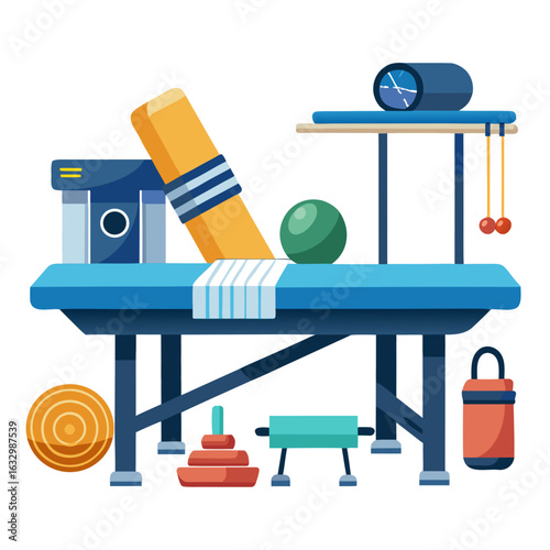 Physiotherapy Equipment Vector Set — Treatment Table, Therapy Balls, Foam Rollers, Resistance Bands on White Background