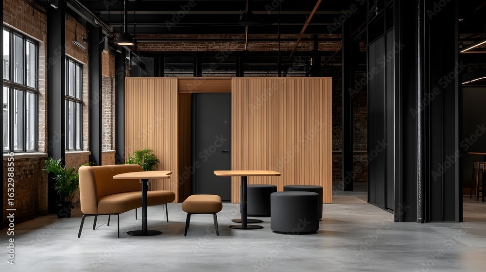 Modern office lounge with wooden slat partition tan upholstered seating tables and dark ottomans Modern office lounge with wooden slat partition tan upholstered seating tables and dark ottomans