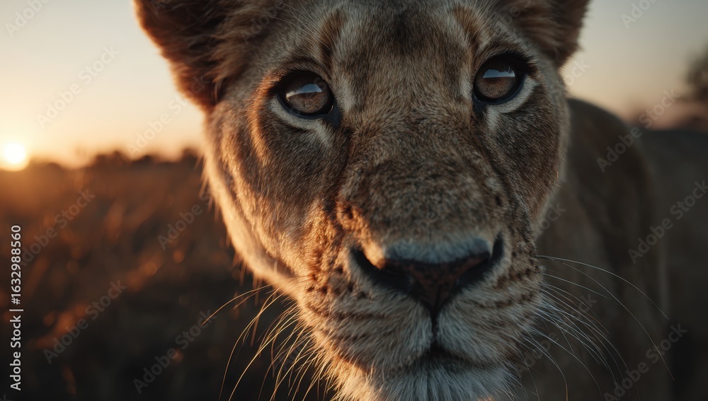 Obraz premium Intense gaze of a lioness at sunset reveals the raw beauty and power of wildlife in its natural habitat during golden hour.