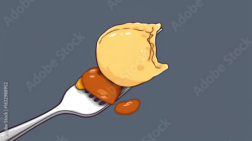 Vector illustration of a Russian dumpling impaled on a fork. Pelmeni. National food.