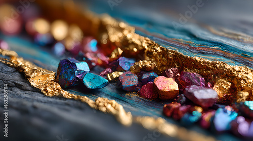 Raw rare earth mineral crystals on the weathered crust of yellow brown granite exhibit metallic reflections, showcasing strategic mineral resources and industrial clean energy materials.