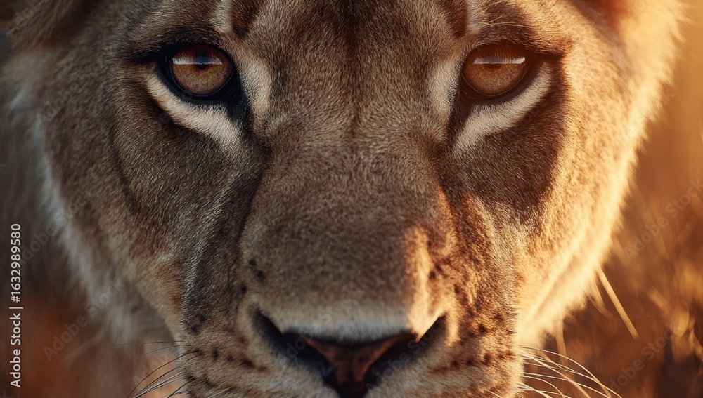 Fototapeta premium Intense gaze of a majestic lioness reveals a story of resilience and strength in the golden light of the African savanna.