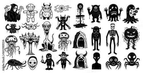 A creepy collection of black and white monster illustrations—grim reapers, voodoo dolls, devils, skeletons, and aliens. Ideal for horror merch, tattoos, posters, and Halloween designs.