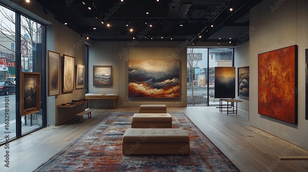 Fototapeta premium Interior view of an art gallery showcasing various paintings with benches and a patterned rug on the floor