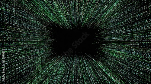 Green digital code tunnels toward dark center point, matrix-like effect