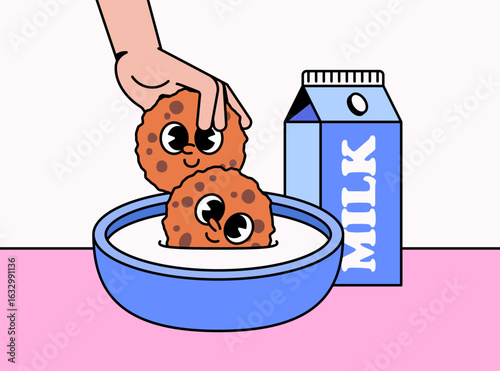 Cute cartoon character cookies dipped in milk with hand illustration vector hand drawn