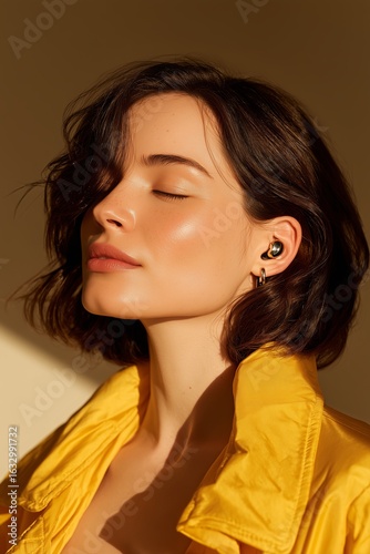 A serene portrait of a young woman with medium skin tone and short brown hair, wearing stylish earbuds. The warm yellow background enhances the mood of tranquility and confidence.