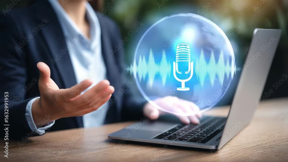 Business professional using laptop for virtual meeting with microphone icon and sound waves in modern workspace