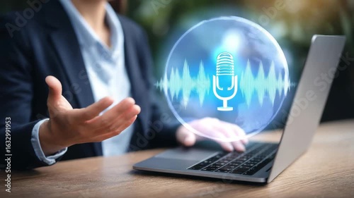 Business professional using laptop for virtual meeting with microphone icon and sound waves in modern workspace