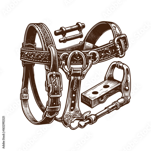 Western Bridle and Stirrup – Black and White Vector Illustration for Tracing and Design Projects