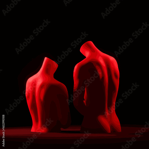 Abstract minimalist art with sensual human-like figures and dynamic tension in flat style.