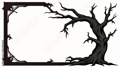 A gothic, Halloween-themed frame with a gnarled, dark, bare tree on the right and a stylized frame with spiderwebs and bats on the left.