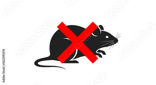 A minimalist vector illustration of a stylized rat with a bold red 'X' over it, symbolizing pest extermination and elimination.