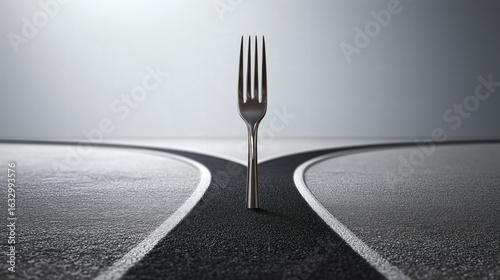 A literal, shiny metal dinner fork is stuck upright in the middle of a miniature asphalt road that splits into two paths, creating a simple and witty visual pun.