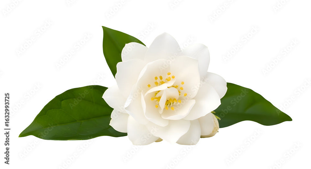 Obraz premium Depicts White Jasmine Flower with Green Leaves on Transparent Background Elegantly, Isolated