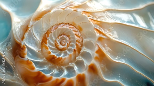 Intricate seashell displaying logarithmic spiral and pearlescent texture aesthetic