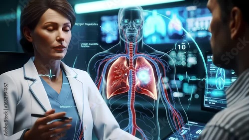Medical Consultation with Doctor and Patient Viewing 3D Holographic Human Torso Display Featuring Glowing Lungs and Vascular System
