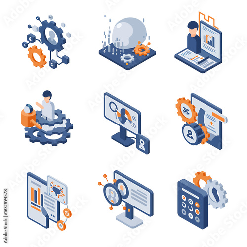 Isometric illustrations of digital data analysis and processing concepts