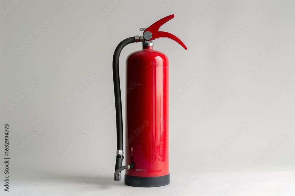 Obraz premium Single red fire extinguisher isolated on clean white background, safety concept, commercial use, mockup ready.