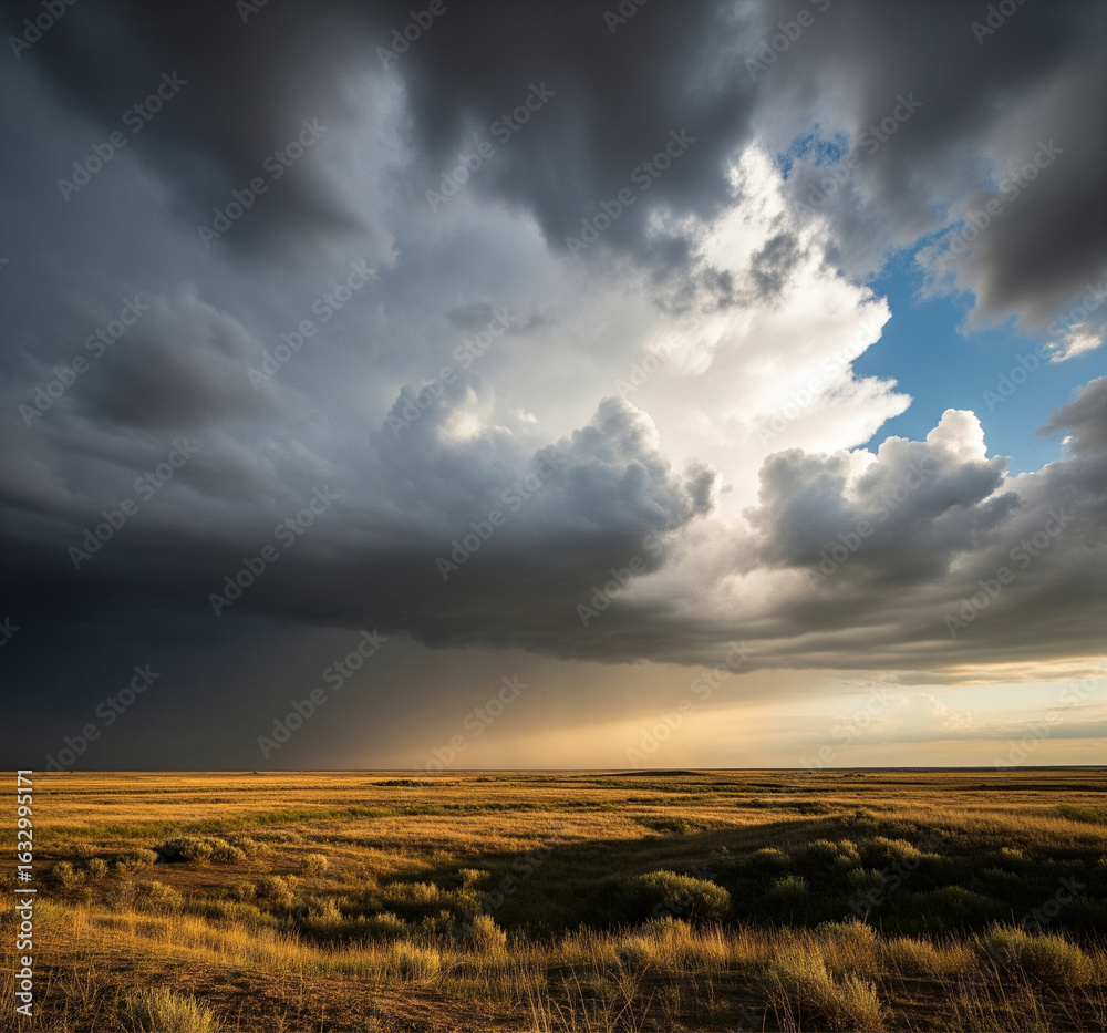 Obraz premium Ultra-realistic wide shot of a flat open landscape under dramatic storm clouds