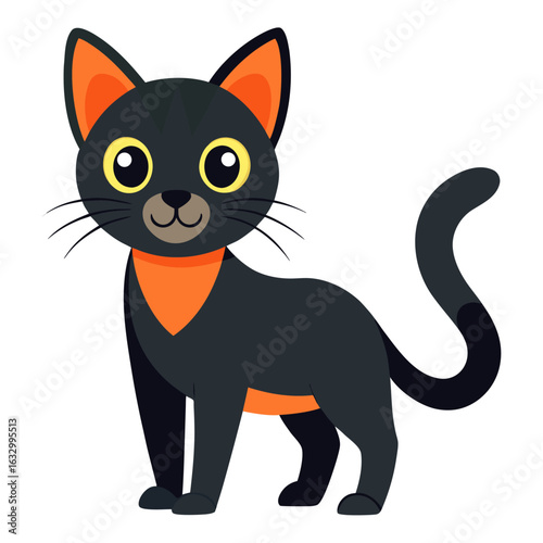 A cute and friendly cartoon black cat with large yellow eyes and a smiling face, wearing an orange bandana. The cat is standing and looking forward.