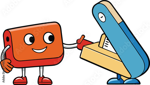 Cartoon Pencil Sharpener and Stapler Friends Working Together in Office vector illustration for back to school, new 2025 trendy
