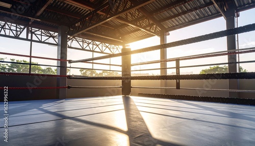 Boxing Ring Under the Sun: Captivating image shows a boxing ring bathed in golden sunlight, creating a captivating blend of sport and natural light.