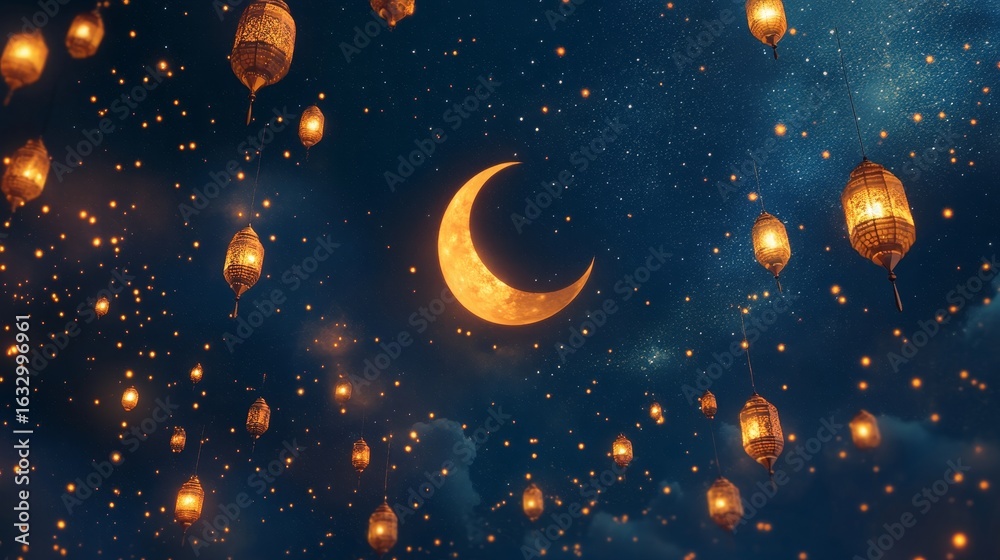 Naklejka premium Peaceful Islamic Night with Crescent Moon