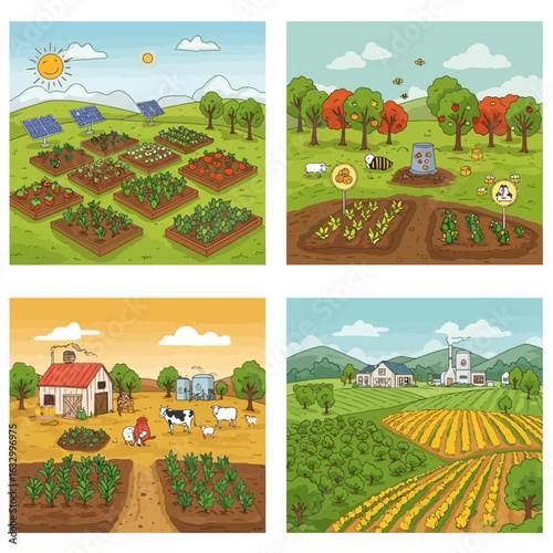 Four Farm Scenes Depicting Sustainable Agriculture and Rural Life in Cartoon Style.