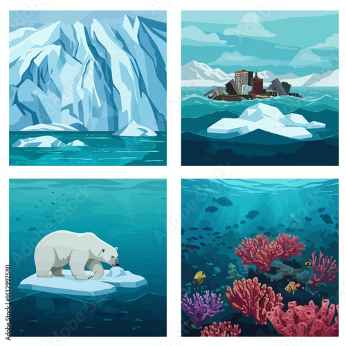 Four Scenes Depicting Climate Change and its Effects on the Environment.