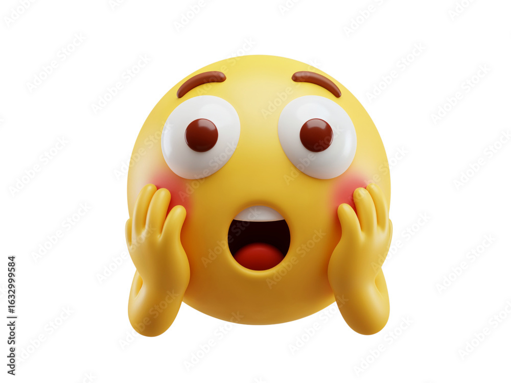 Fototapeta premium Emoticon with wide eyes and open mouth hands on cheeks expressing surprise and shock isolated on transparent background