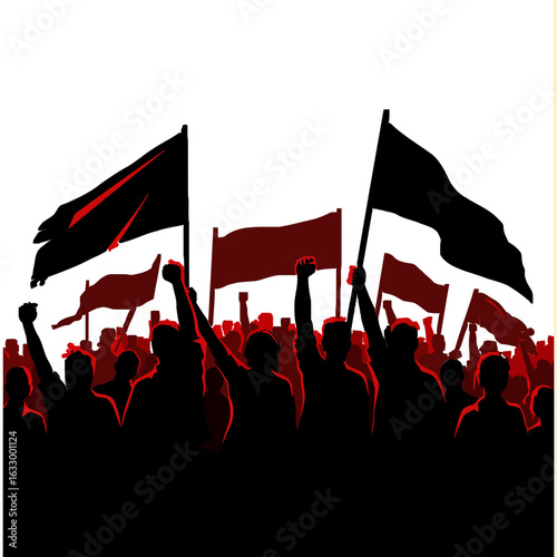 A silhouette of a large crowd of people protesting, waving red and black flags with raised fists.