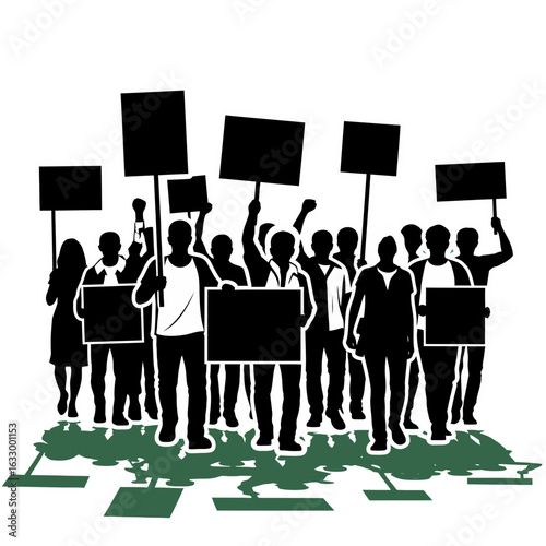 A silhouette of a crowd of protesters holding blank signs and placards during a demonstration.