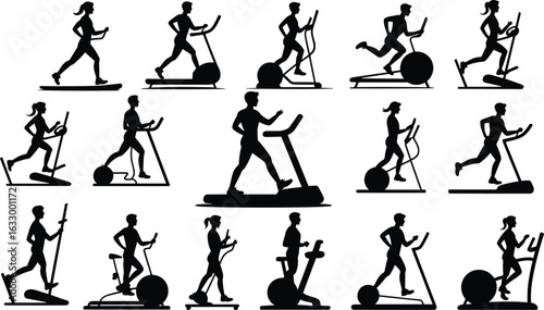 People exercising on treadmill and elliptical machines, gym workout silhouette set, cardio fitness training collection, flat vector illustration design